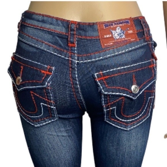 Y2K True religion Jeans Urban Cow Bill Big T Distress Skinny green Blue Size 28 - Picture 14 of 16